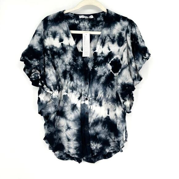Young Fabulous & Broke Boho Black White Blouse Tie Dye Top Medium Flutter Sleeve - Picture 1 of 7
